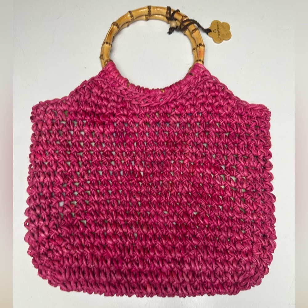 Liz Claiborne Pink Corn Husk Woven Hawaiian Floral Lined Bamboo Straps Purse